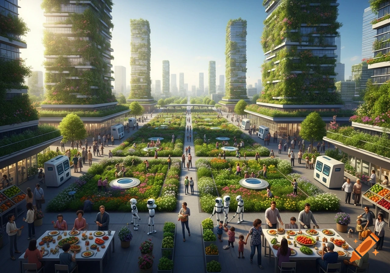 A vibrant futuristic cityscape with buildings covered in lush greenery, people interacting with robots in a park-like plaza, and outdoor dining.