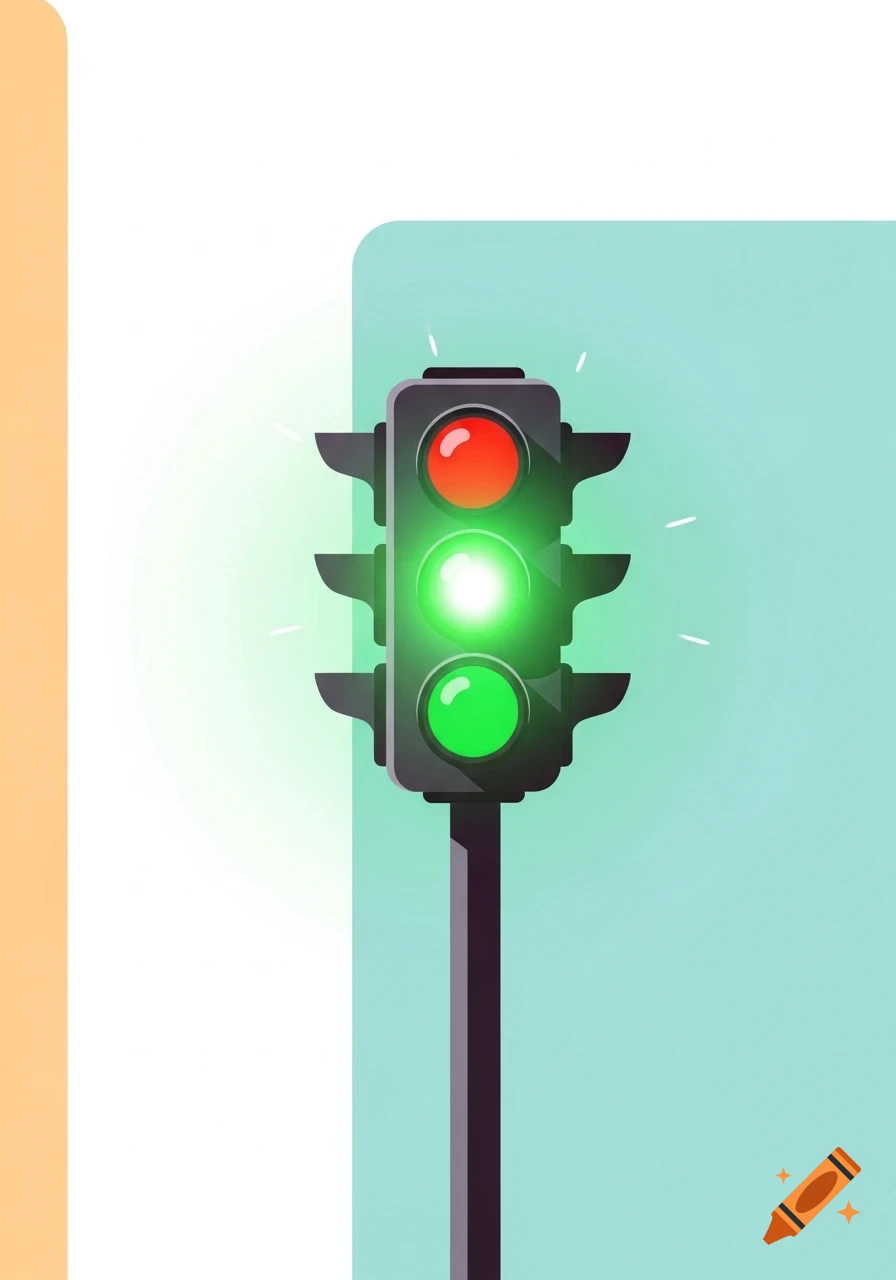 A modern, stylized traffic light with a bright green middle light, a red top light, and a dark green bottom light, on a pole against a light blue and white background.