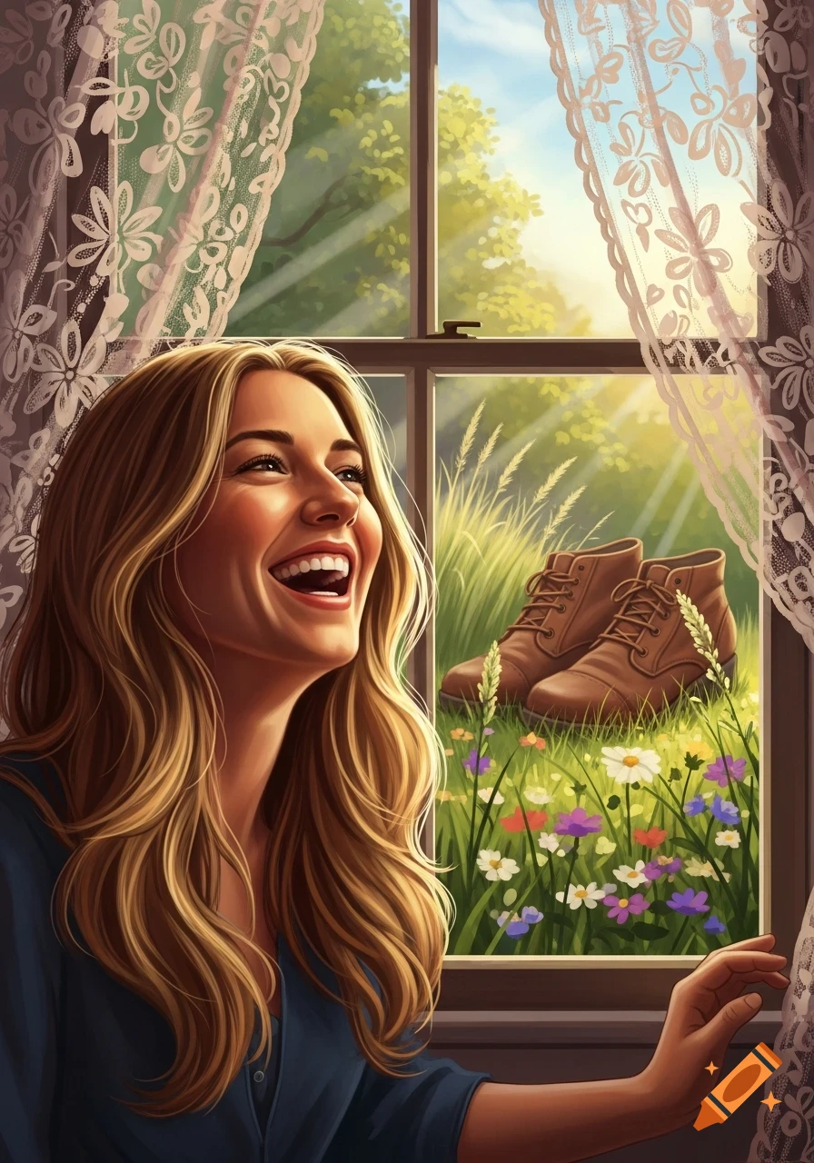 A blonde woman laughs, looking out a window at giant brown boots in a sunny field of wildflowers, in an illustrative style.
