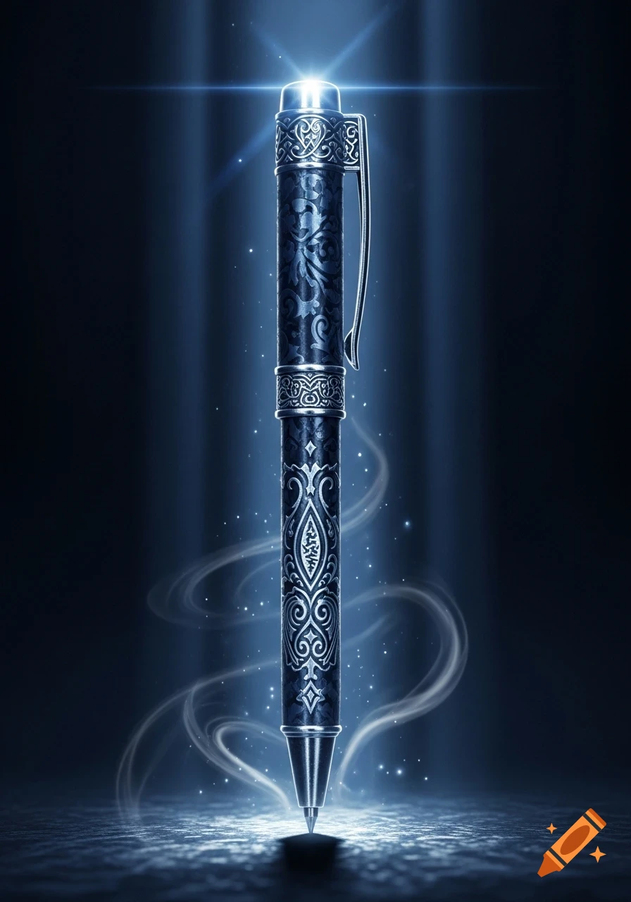 An ornate, dark blue and silver pen with intricate patterns stands vertically, glowing brightly from its tip and cap. Wisps of light and sparkles surround it on a dark, reflective surface.