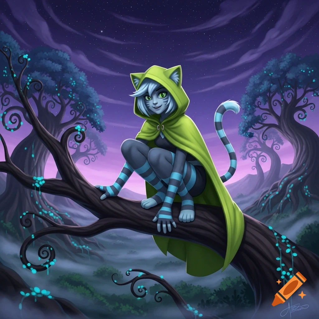 A grey cat-like creature with green eyes and a lime green hooded cloak crouches on a tree branch in a mystical, dark purple forest with glowing blue plants.