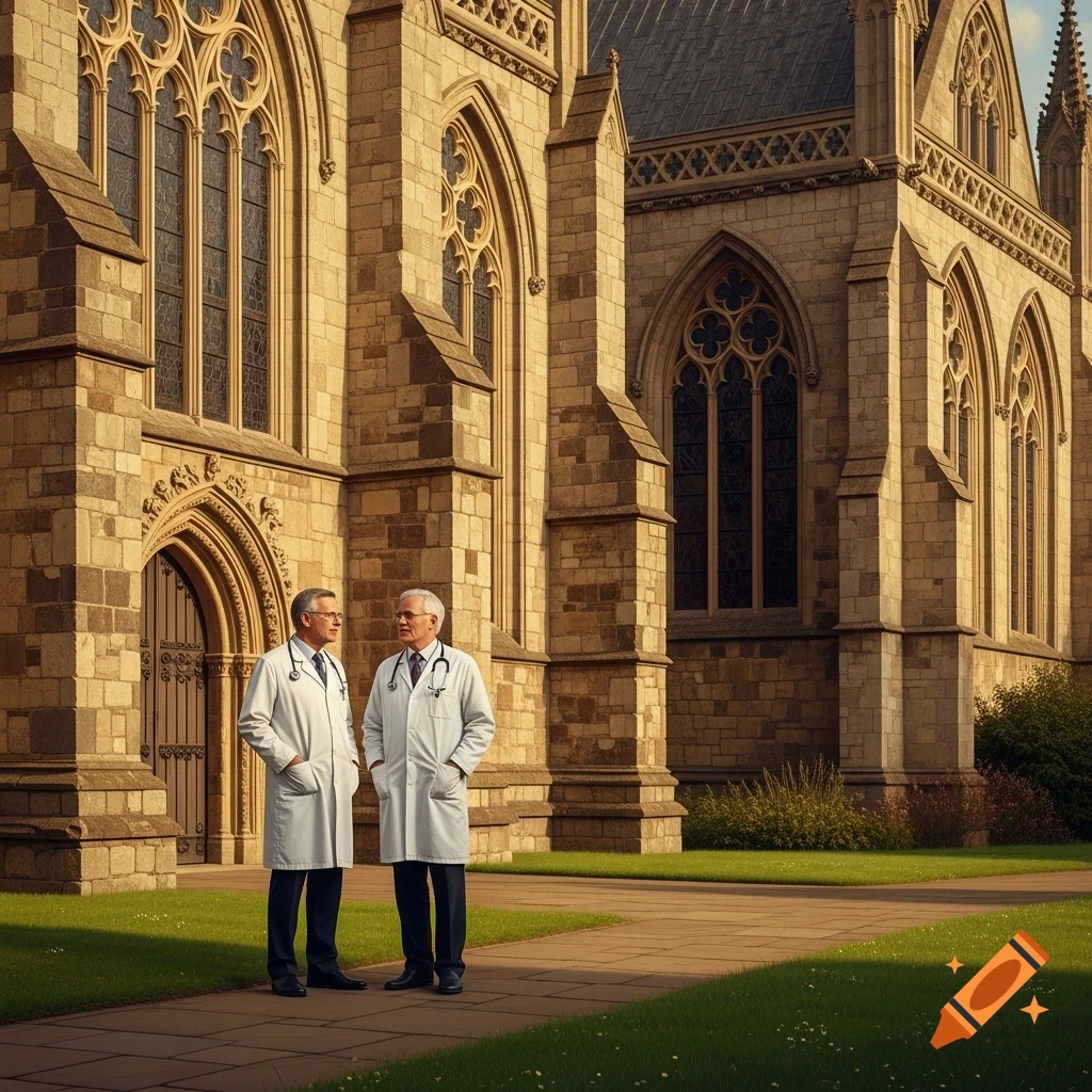 Two male doctors in white coats stand on a path in front of a large, ornate stone church, looking at each other.