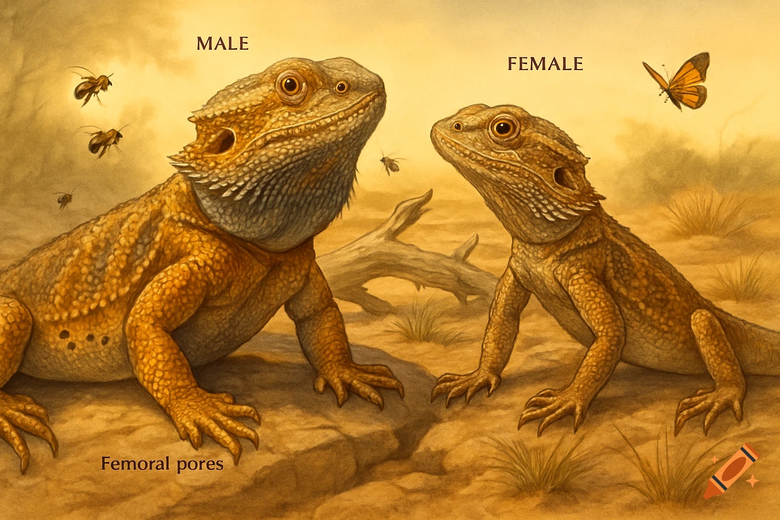 A detailed illustration of a male and female bearded dragon in a desert setting, with labels indicating their sex and the male's femoral pores.