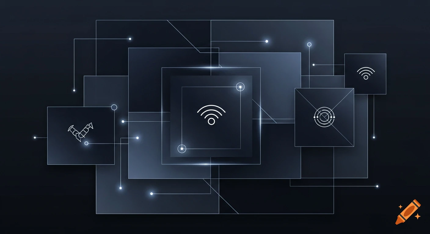 Abstract dark mode wallpaper with interconnected glowing lines, squares, and tech icons like Wi-Fi and target symbols.