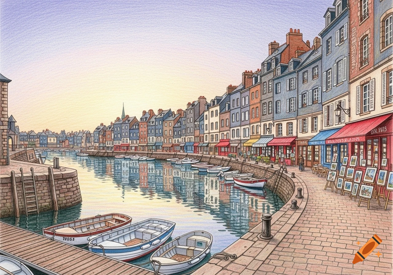 A colorful colored pencil drawing of a European harbor town with boats docked along a stone quay lined with historic buildings.