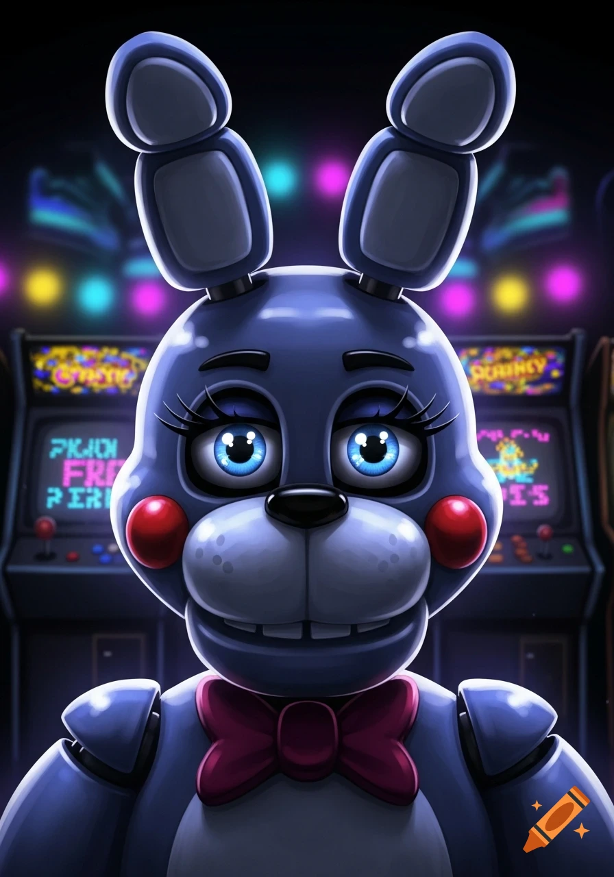 A stylized close-up of Toy Bonnie, a blue animatronic bunny with big blue eyes and a red bow tie, in a dimly lit arcade.