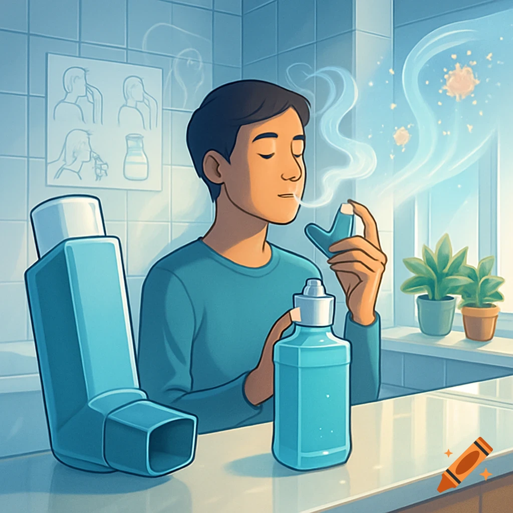 A young man inhales from an asthma inhaler while holding a bottle, in a tiled room with plants by a window, in an illustration.