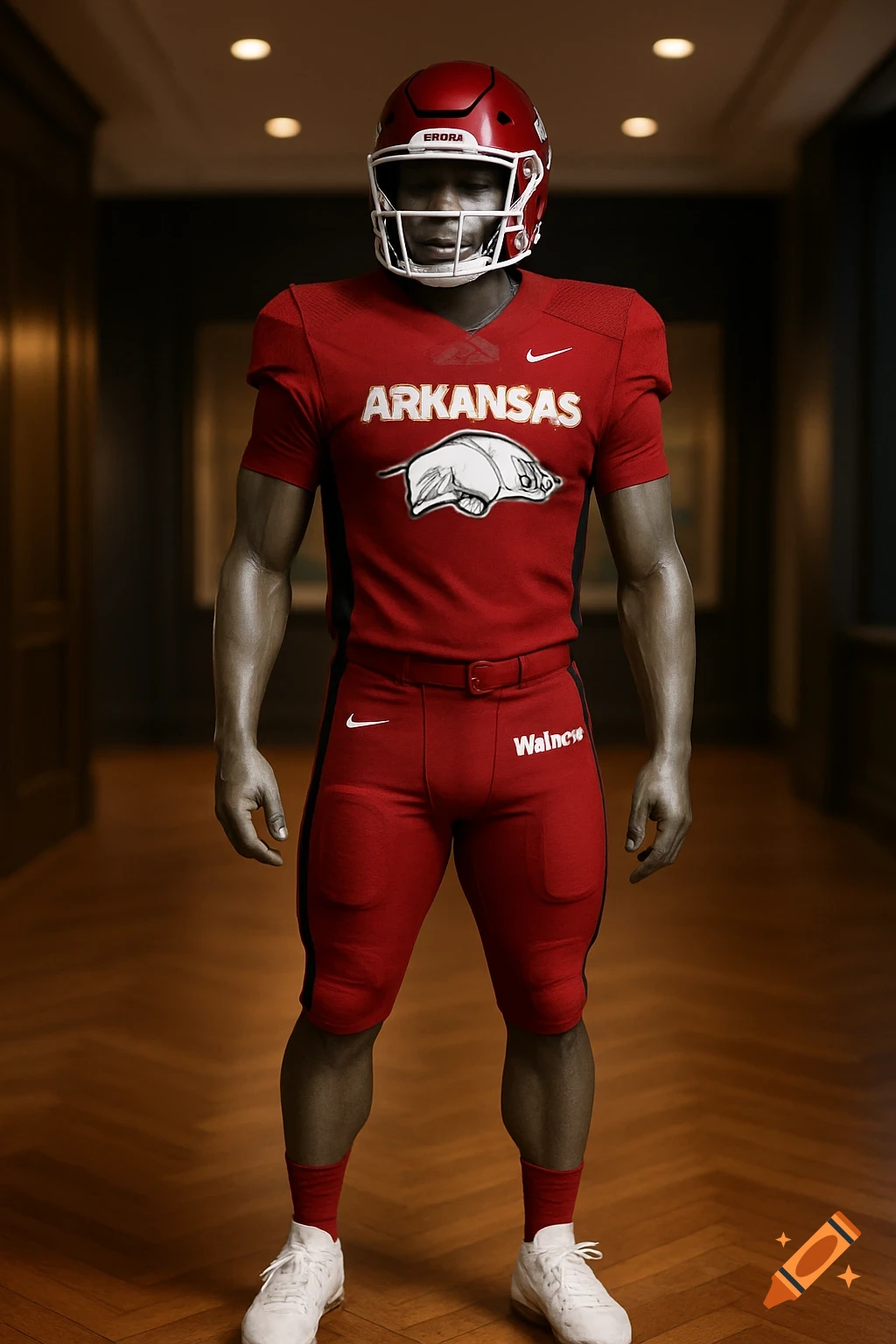 A muscular football player in a red Arkansas uniform and helmet stands in a hallway. Photorealistic style.