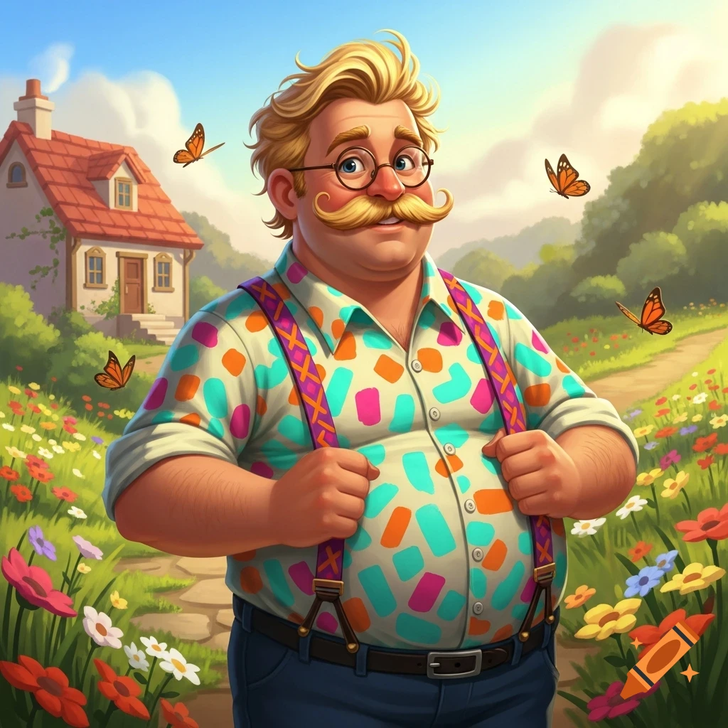 Smiling, plump man with blonde mustache, colorful shirt, and suspenders in a whimsical flower field with butterflies and a house.