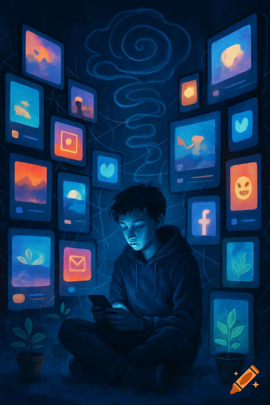 A young person sits looking at a phone, surrounded by glowing screens with social media icons and growing plants, in a dark, stylized digital art piece.