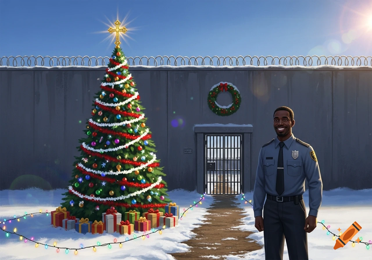 A smiling Black prison guard stands outside a snowy prison with a decorated Christmas tree topped with a cross.