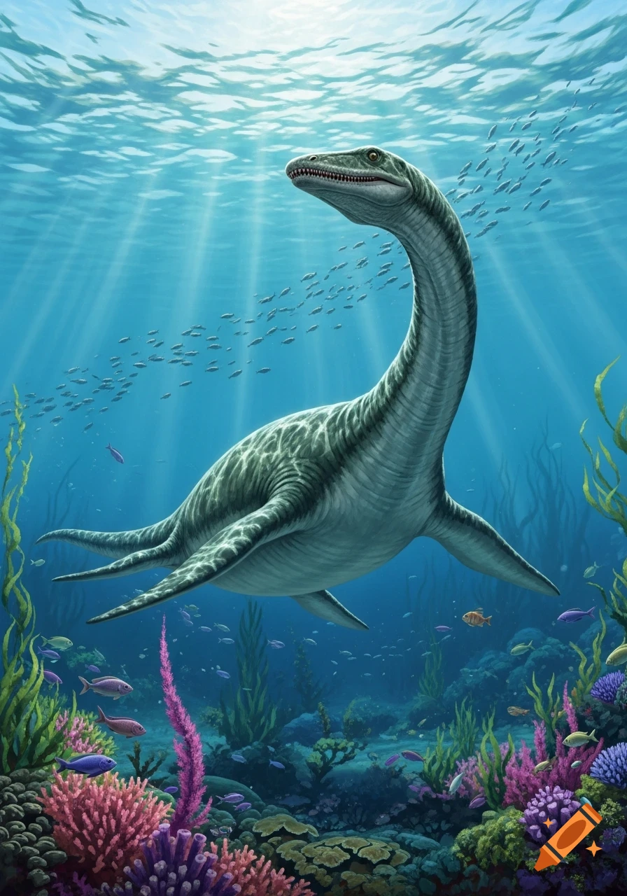 A large plesiosaurus swims gracefully through a vibrant coral reef, with schools of small fish and sun rays piercing the clear blue water from above.