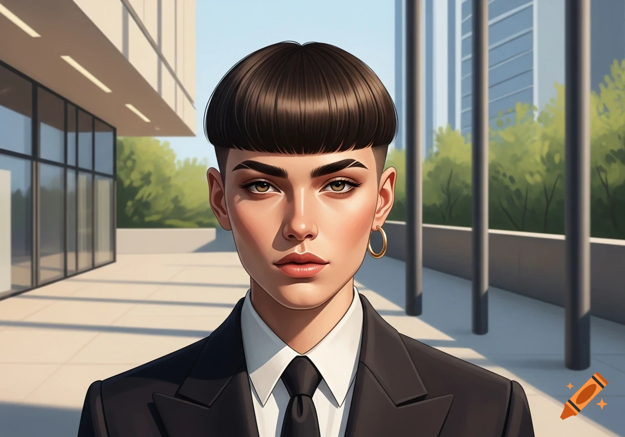 A stylized portrait of a person with a dark bowl cut, wearing a black suit and tie, standing outdoors in front of modern buildings.