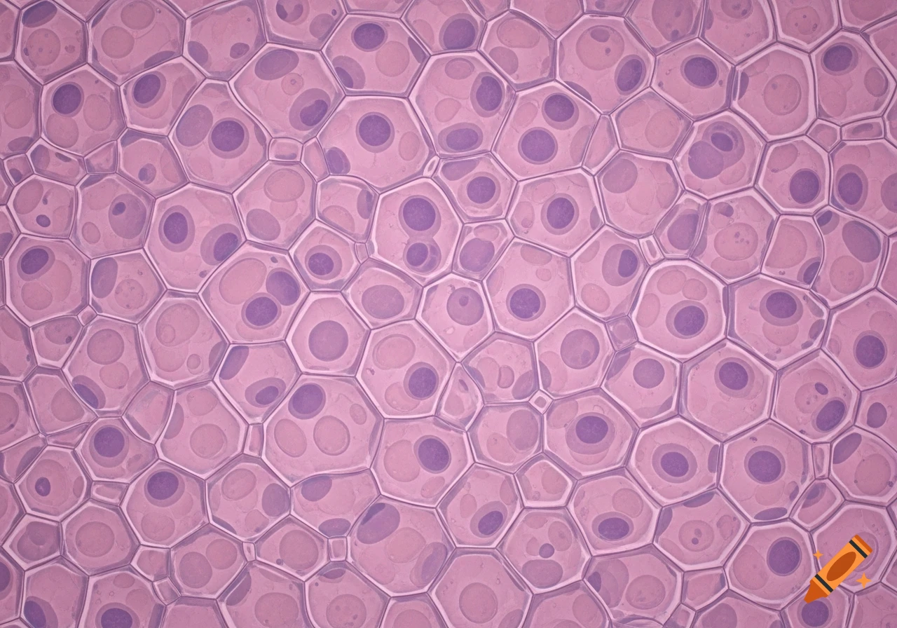 Microscopic view of pink and purple hexagonal cells, resembling simple squamous epithelium.