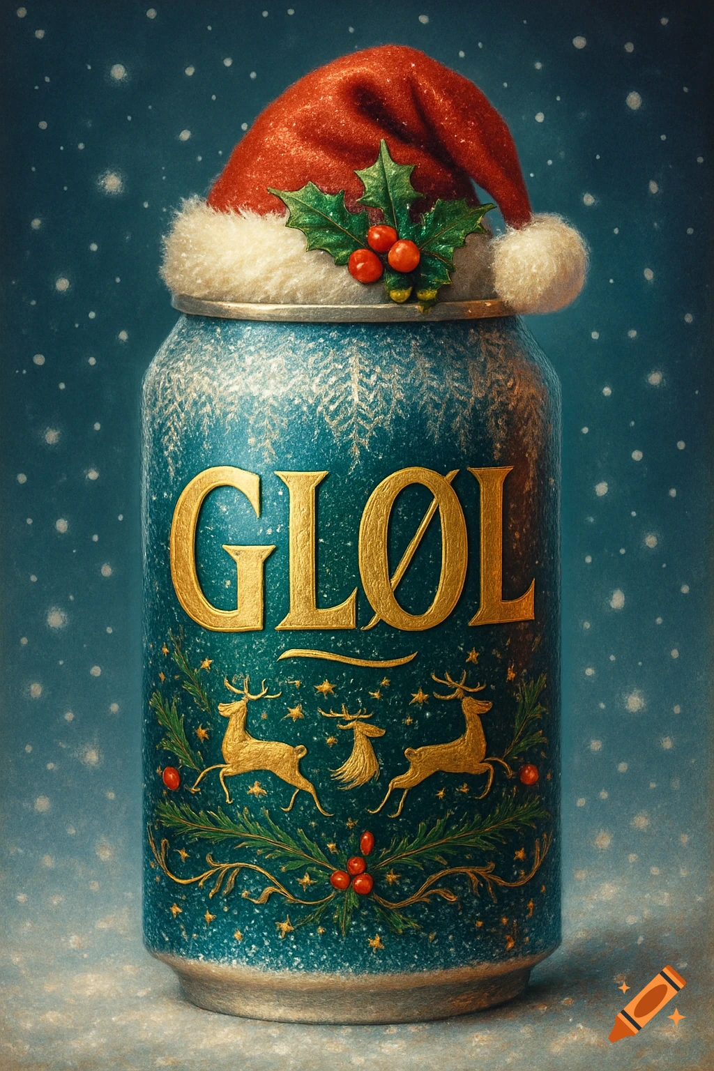 A turquoise beer can with 'GLØL' in gold letters, decorated with reindeer, holly, and a Santa hat, against a snowy background.