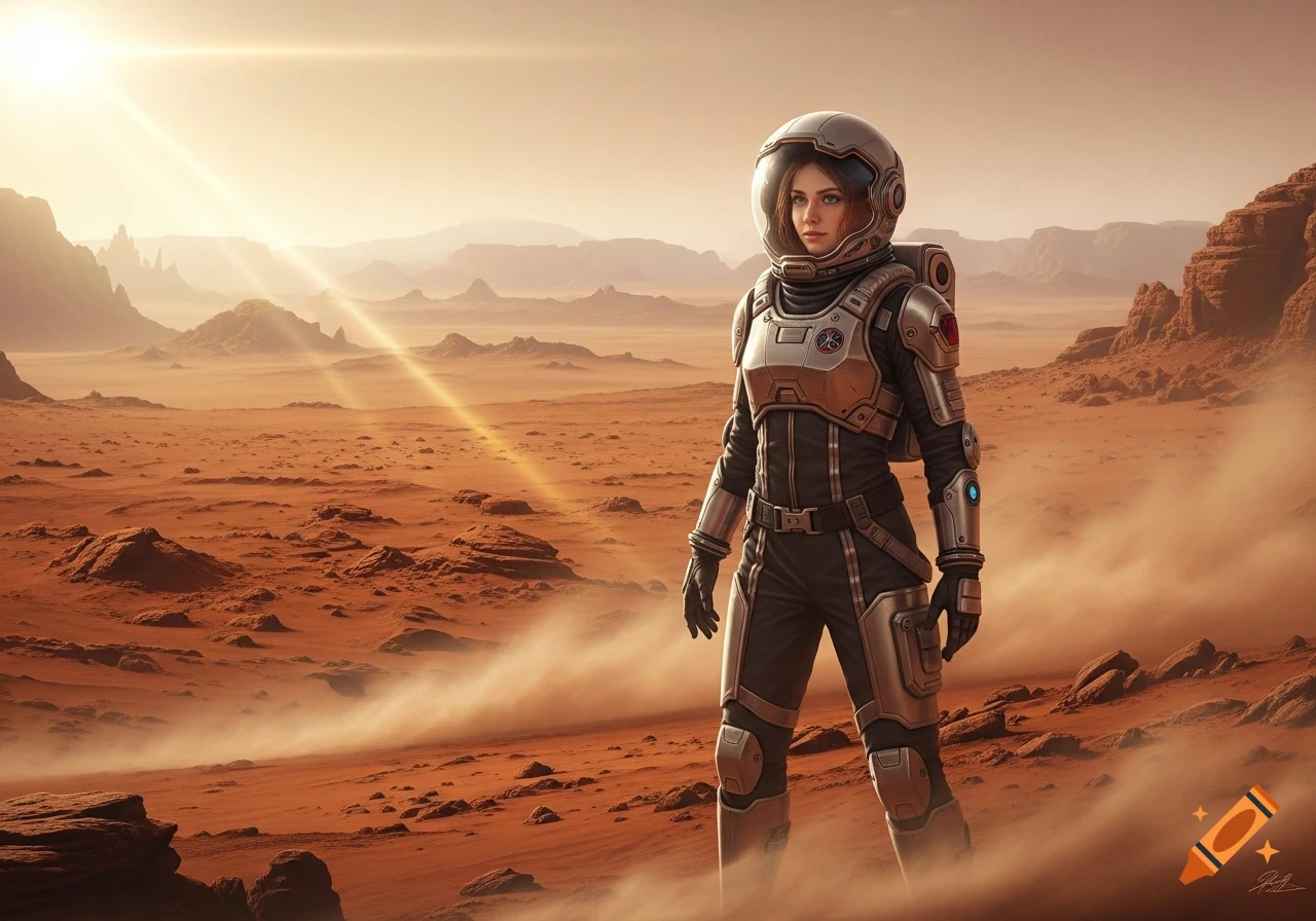 A woman in a futuristic spacesuit stands on the red, rocky surface of Mars under a bright sun.
