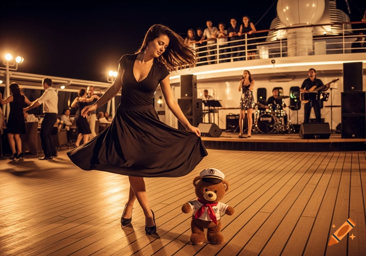 Photorealistic image of a woman in a black dress dancing with a teddy bear on a cruise ship deck at night, with a band playing.