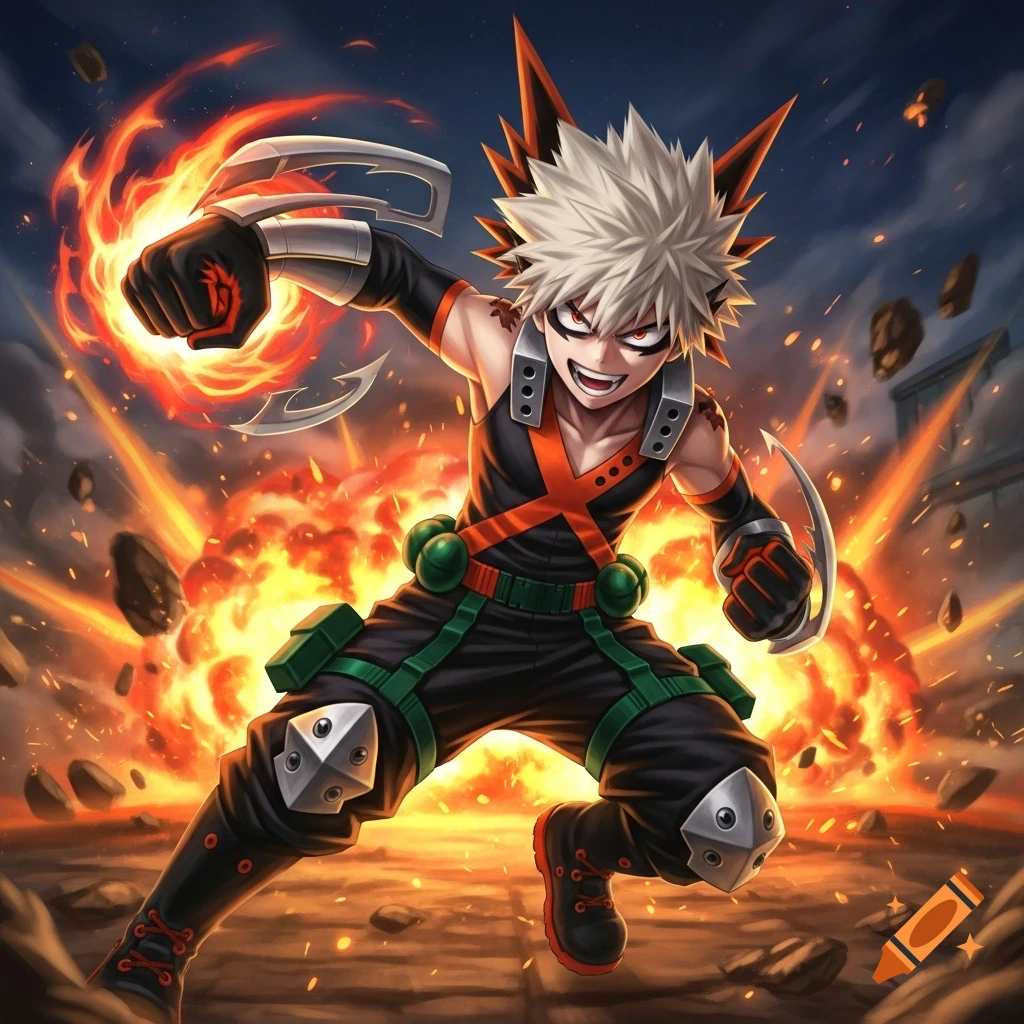 An aggressive anime character, Bakugo, with spiky blond hair and a black outfit, lunges forward with an explosion in his hand and more explosions behind him.