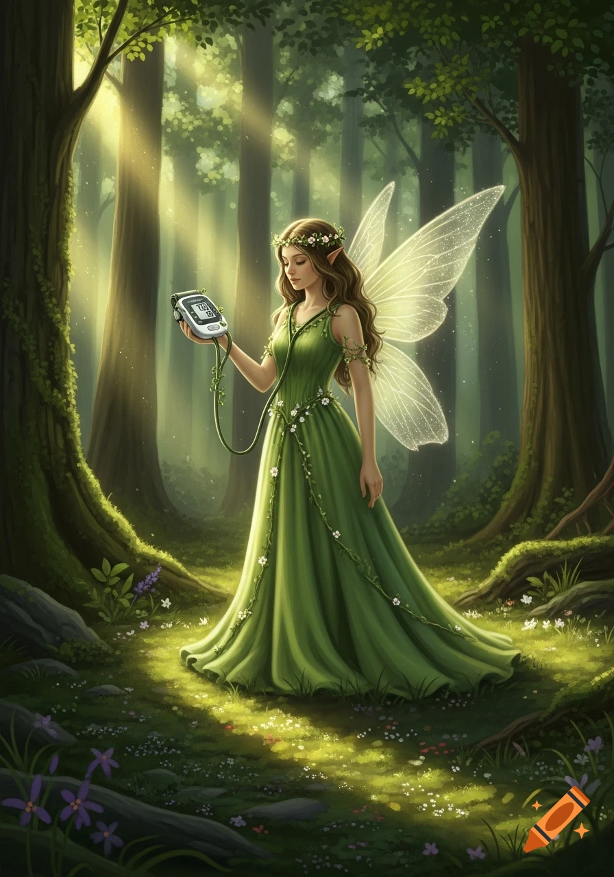 A beautiful forest fairy in a green dress and a flower crown, holding a blood pressure monitor in a sunlit forest.