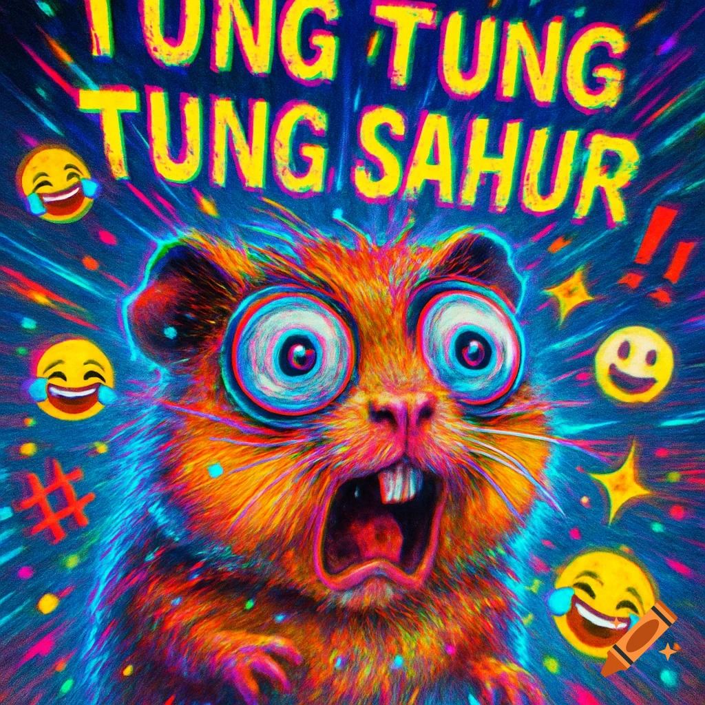 A hyper-saturated, chaotic 'brainrot' creature resembling a guinea pig with huge unhinged eyes and an open mouth, surrounded by text 'TUNG TUNG TUNG SAHUR', emojis, and bright neon energy.