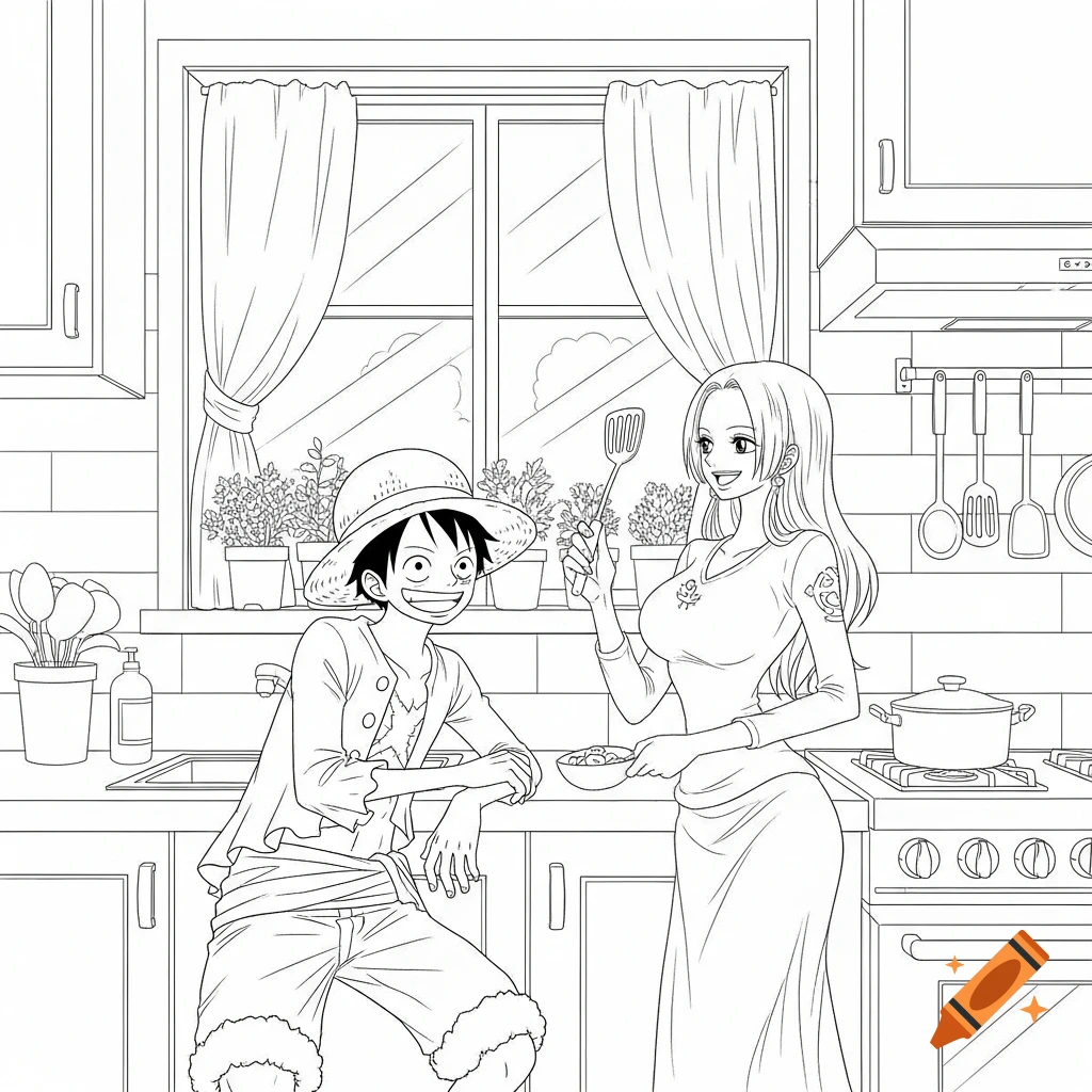 Line art of Luffy smiling, leaning on a kitchen counter, and Boa Hancock holding a spatula and bowl, cooking in a kitchen.