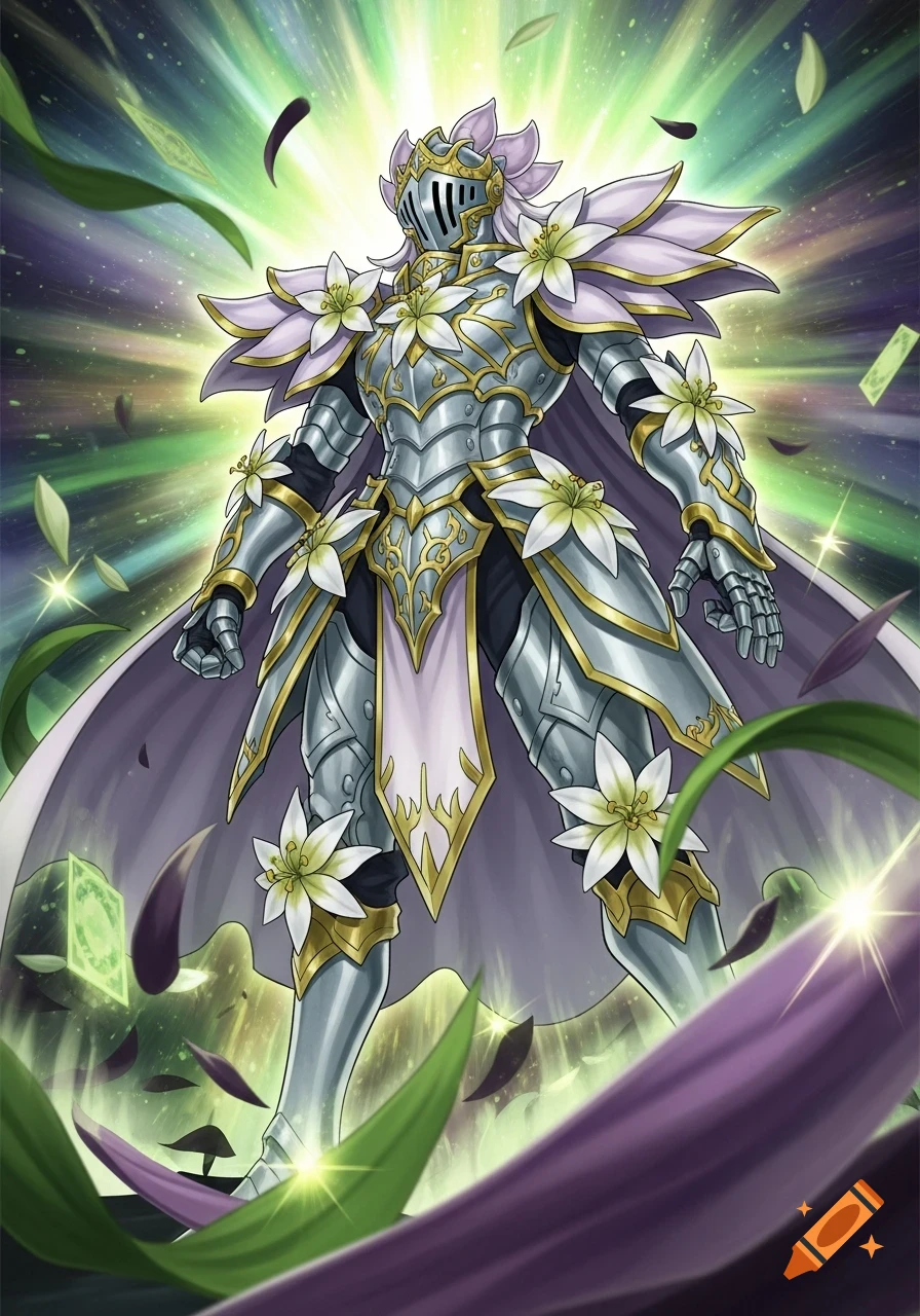 A powerful knight in silver and gold armor, adorned with white lilies, stands amidst glowing green light and floating purple petals in an anime style.