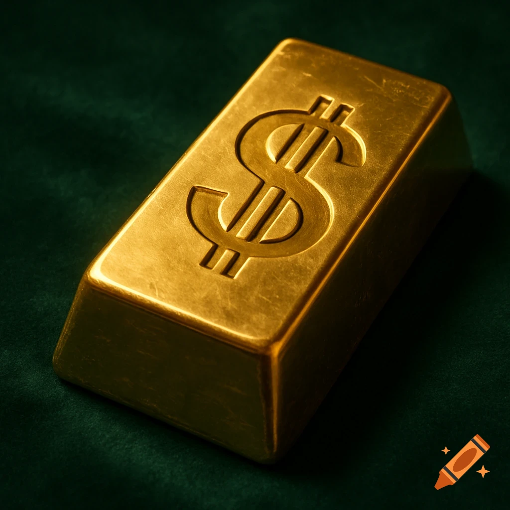 A shiny gold bar with an engraved dollar sign rests on a dark green surface.