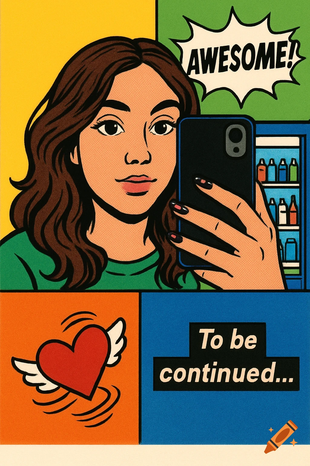 A pop art comic panel shows a girl taking a selfie in front of a fridge, with "AWESOME!" and "To be continued..." text, and a winged heart.