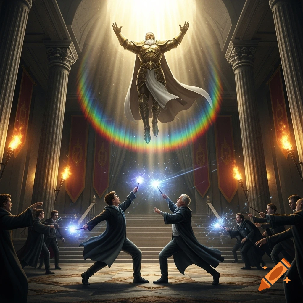 Two wizards battle with magic wands in a grand hall as a glowing, armored ancestor floats above them, bathed in radiant light.