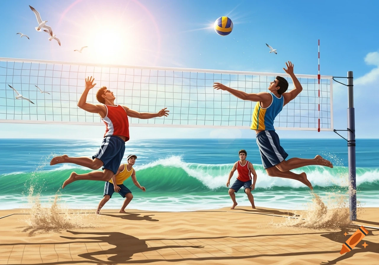 Vibrant illustration of four men playing beach volleyball, with two jumping to spike the ball over the net on a sunny beach.