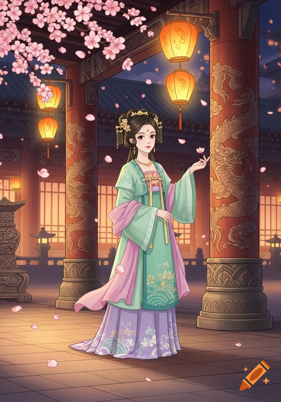 A cartoon ancient Chinese palace maid in traditional green and pink attire stands under cherry blossoms and lanterns.