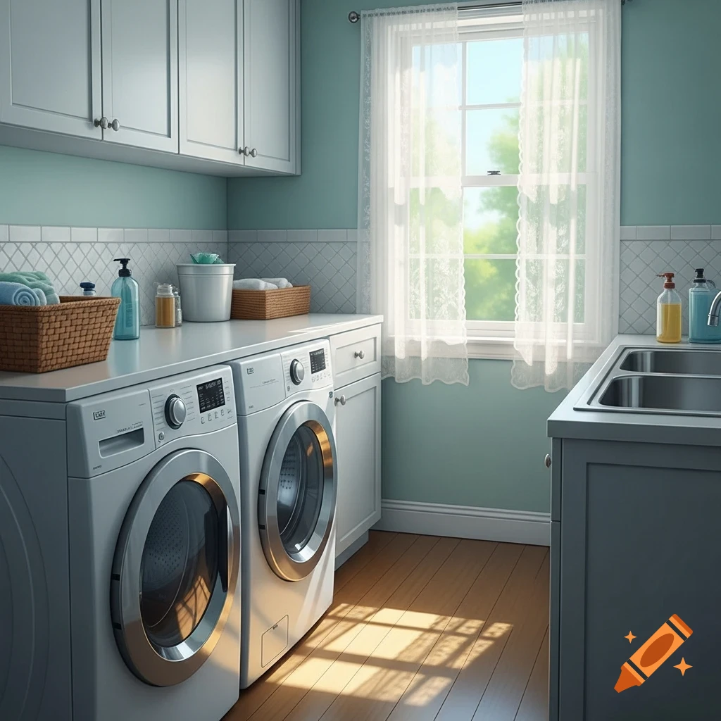 A clean, bright laundry room with two front-loading washing machines, a sink, light blue walls, and a window with sheer white curtains.