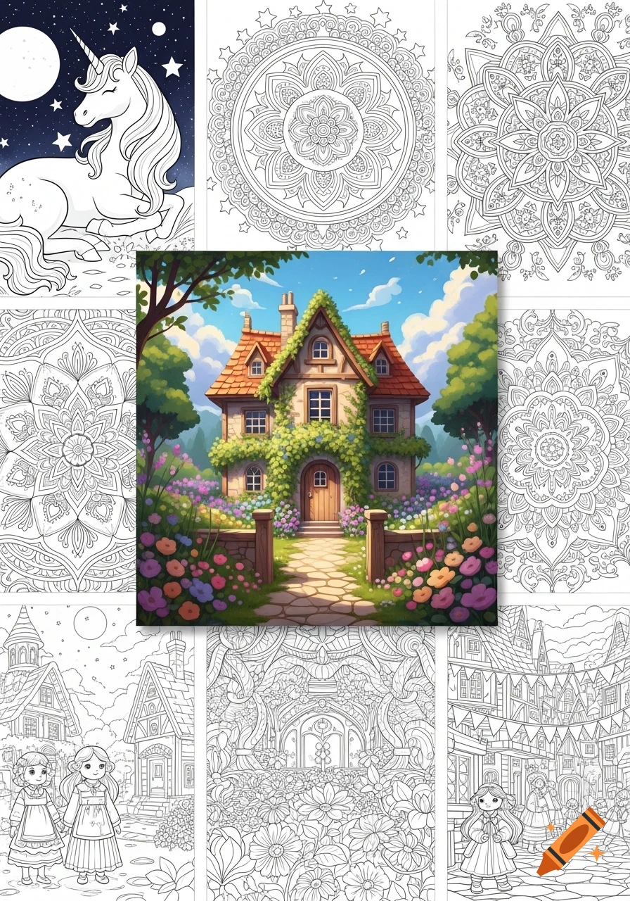 A collage of coloring pages featuring a unicorn, mandalas, and village scenes, with a central colorful illustration of a whimsical house.