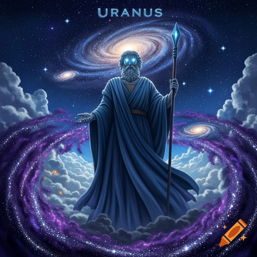 A majestic robed god with glowing eyes and a staff stands amidst ...