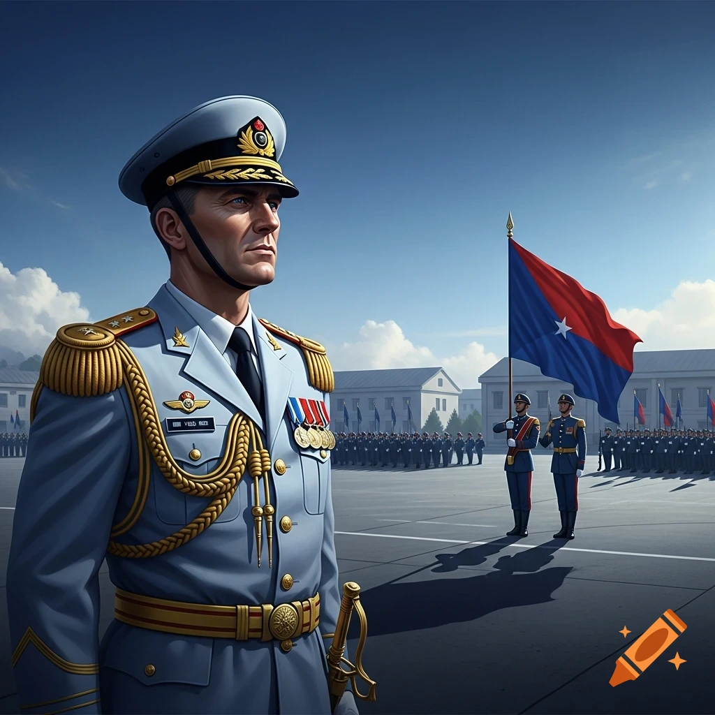 Photorealistic image of a military commander in a light blue uniform with gold braids and medals, standing at a parade with soldiers and a red and blue flag.