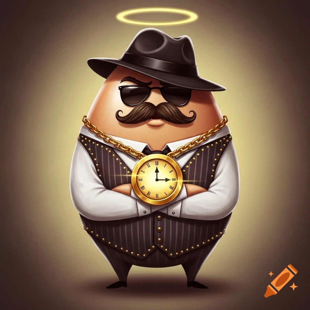 A cute, stylized cartoon egg character wearing a fedora, sunglasses, a mustache, pinstripe vest, and a gold chain with a pocket watch medallion, with a glowing halo above its head.