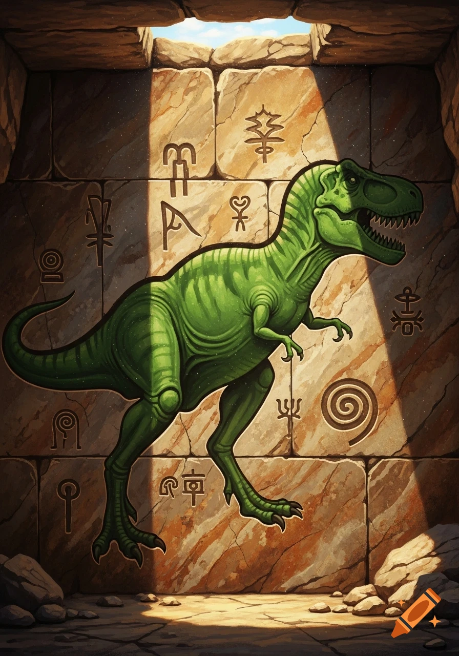 A green Tyrannosaurus Rex depicted as a hieroglyph on a sunlit stone wall in an ancient chamber, art style.