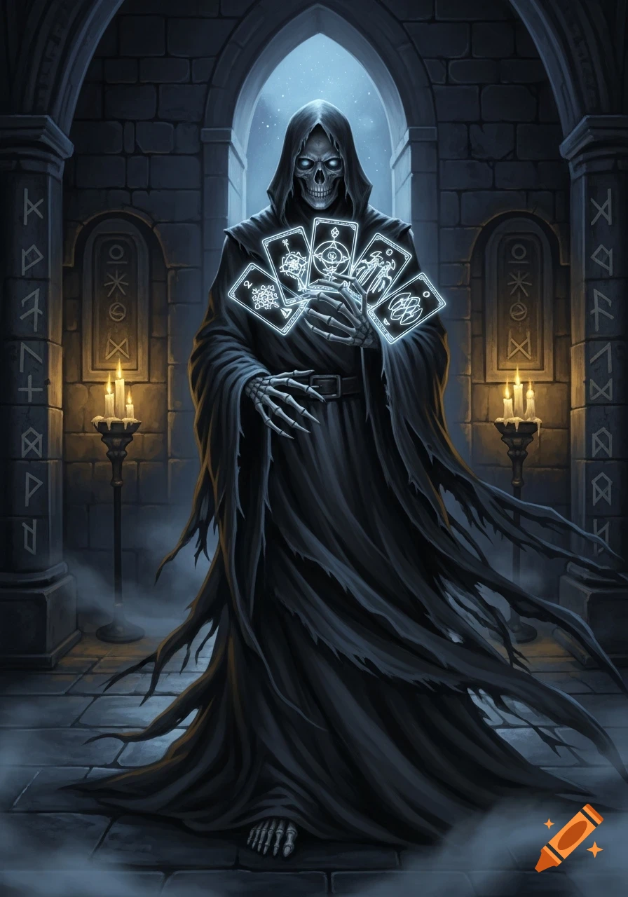 A hooded skeletal Grim Reaper in a dark stone hall holds glowing tarot-like cards. Stylized dark fantasy art.