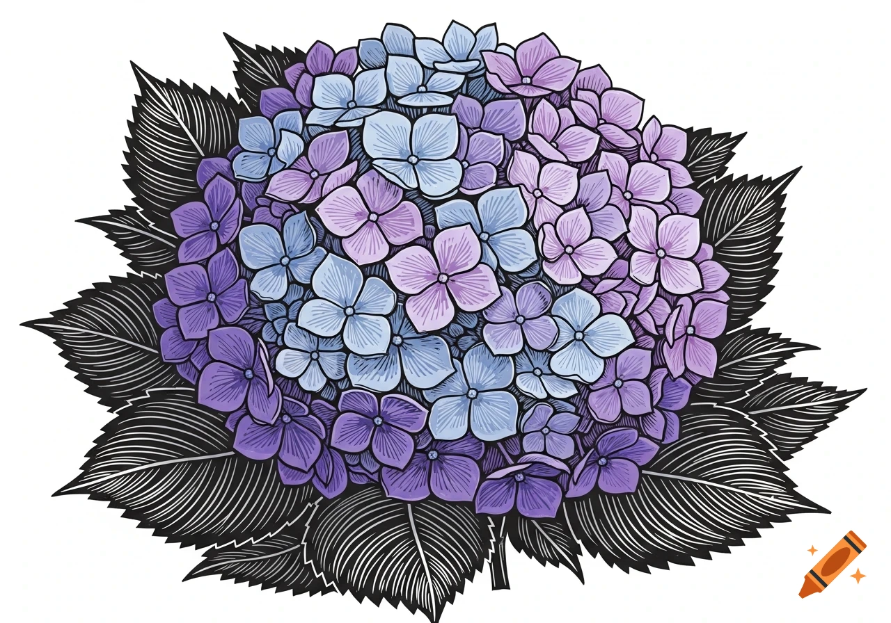 A linocut illustration of a cluster of blue, purple, and pink hortensia flowers with dark leaves on a white background.