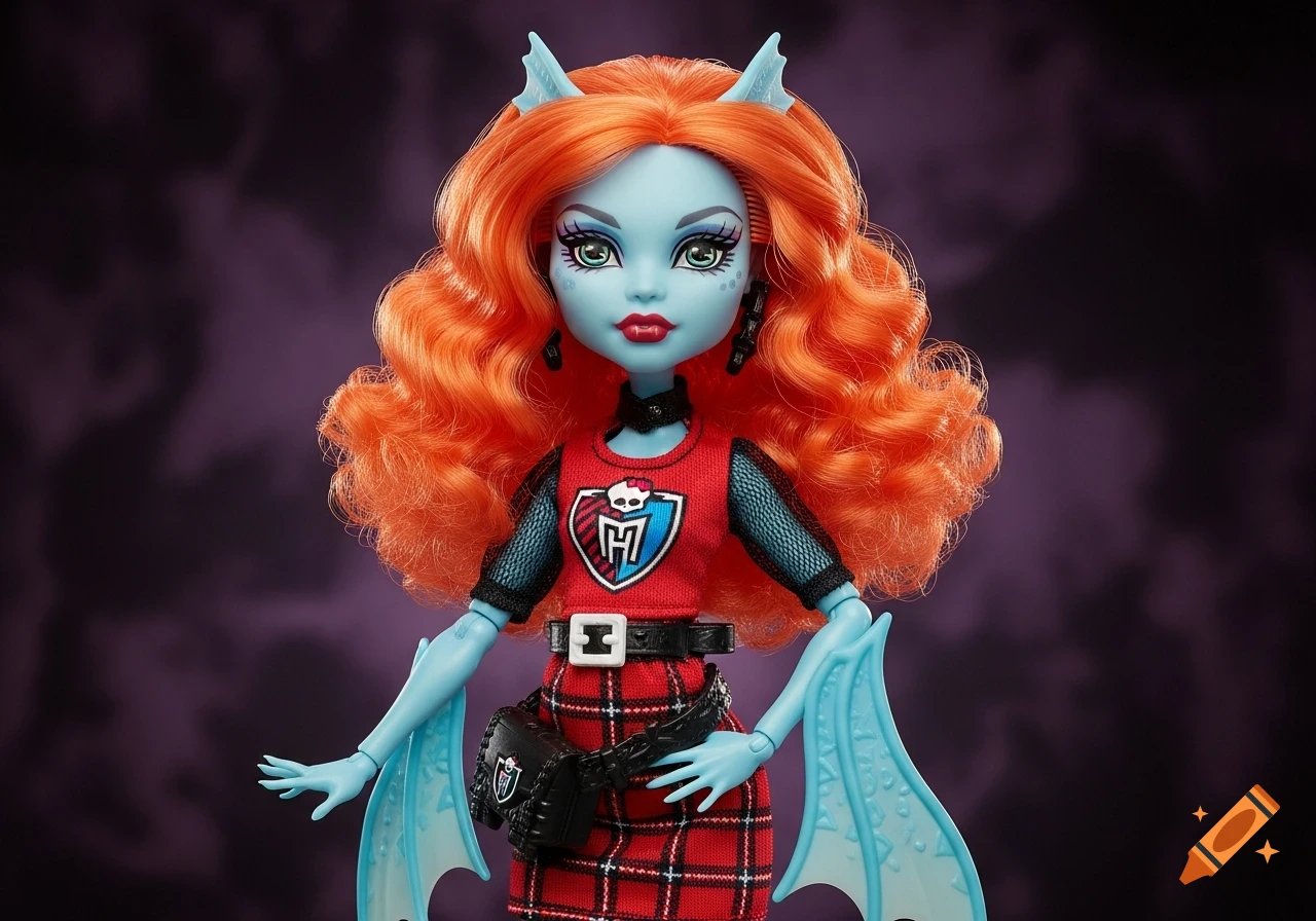 A Monster High doll with blue skin, orange curly hair, and blue arm fins, wearing a red plaid skirt and top.