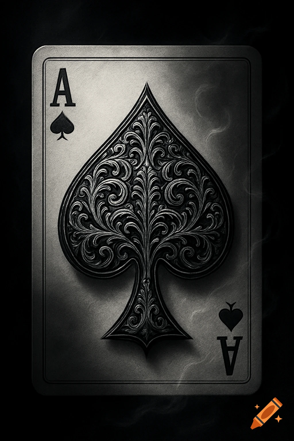 A grayscale ace of spades playing card with an ornate, embossed spade symbol in the center.