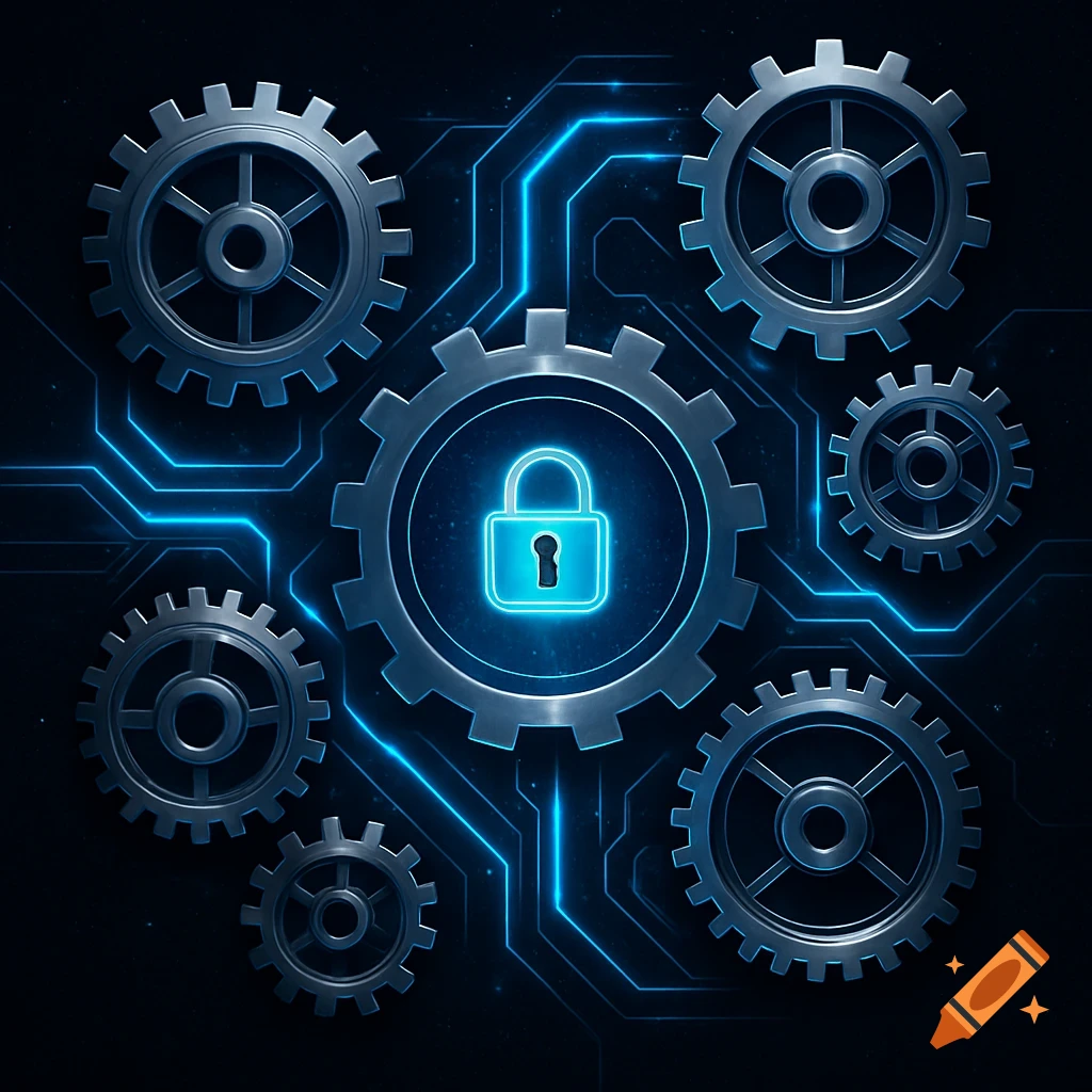 A dark background with glowing blue circuit board lines connecting various metallic gears, with a central gear featuring a bright blue padlock icon.