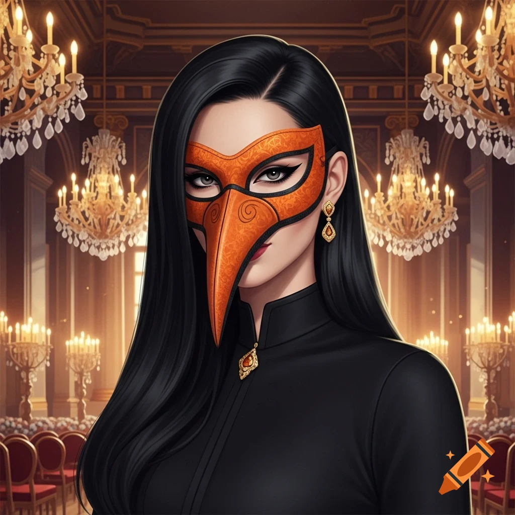 A woman with long black hair wears an orange Venetian beak mask and a black outfit, standing in an elegant ballroom with chandeliers. Stylized art.