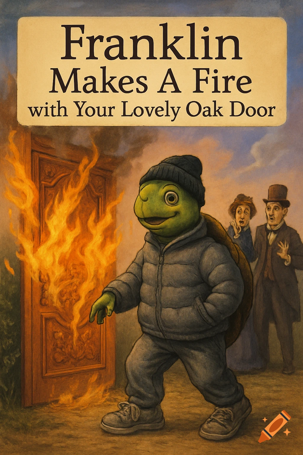 Children's book cover of Franklin the Turtle, smiling in a puff jacket and beanie, burning an ornate wooden door as a couple watches in horror. Title: 'Franklin Makes A Fire with Your Lovely Oak Door'.