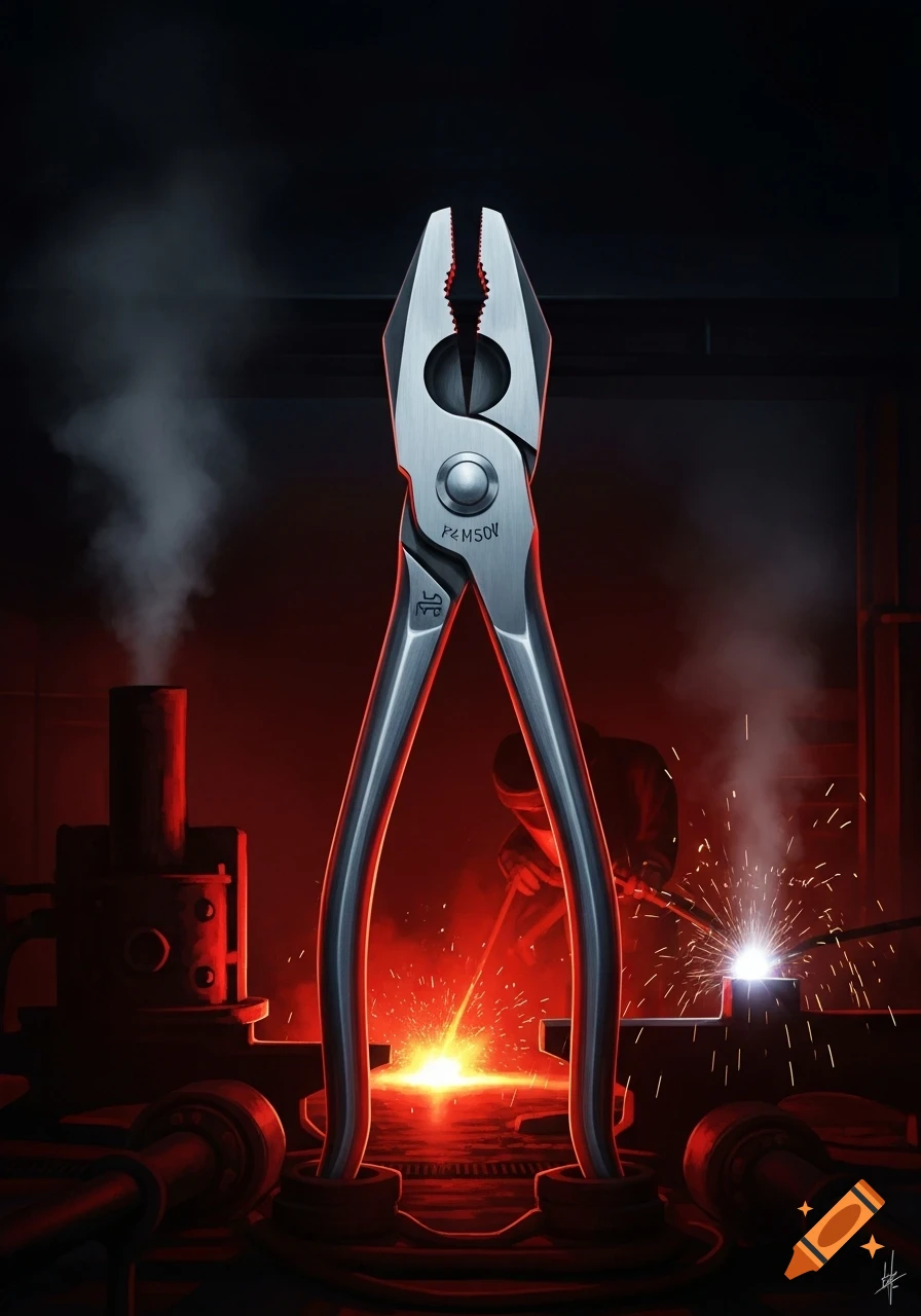 Upright silver pliers in a dark, red-lit industrial workshop with a welder creating sparks in the background.