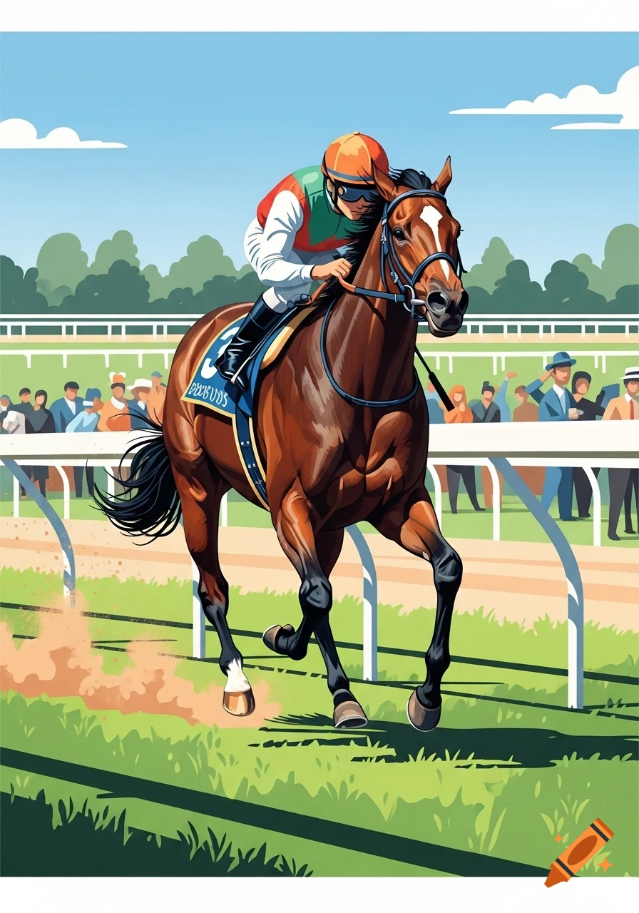 Illustration of a jockey riding a brown racehorse on a track, with spectators and a green field.