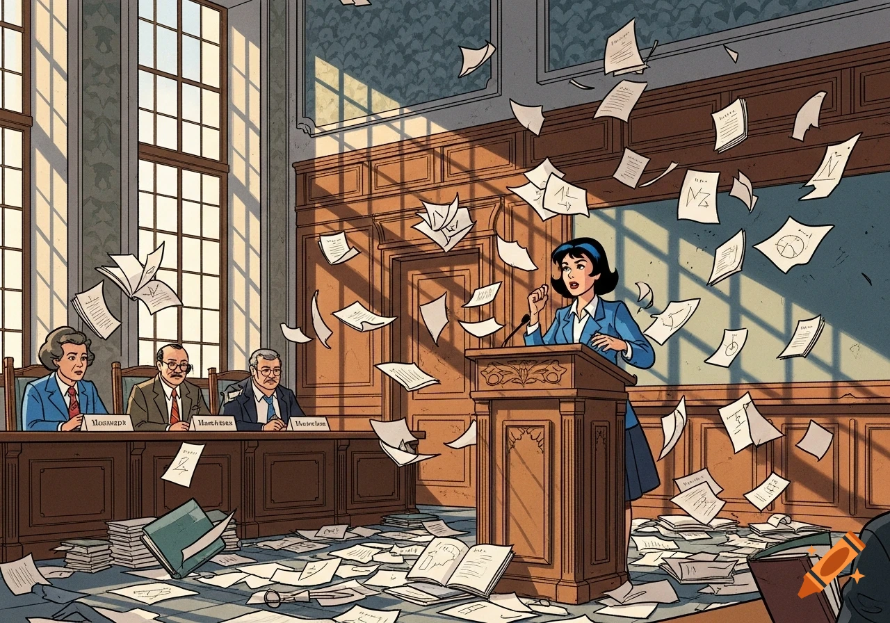 A cartoon woman in blue passionately speaks at a podium during a chaotic thesis defense, with papers flying around and three men watching, in a comic style.