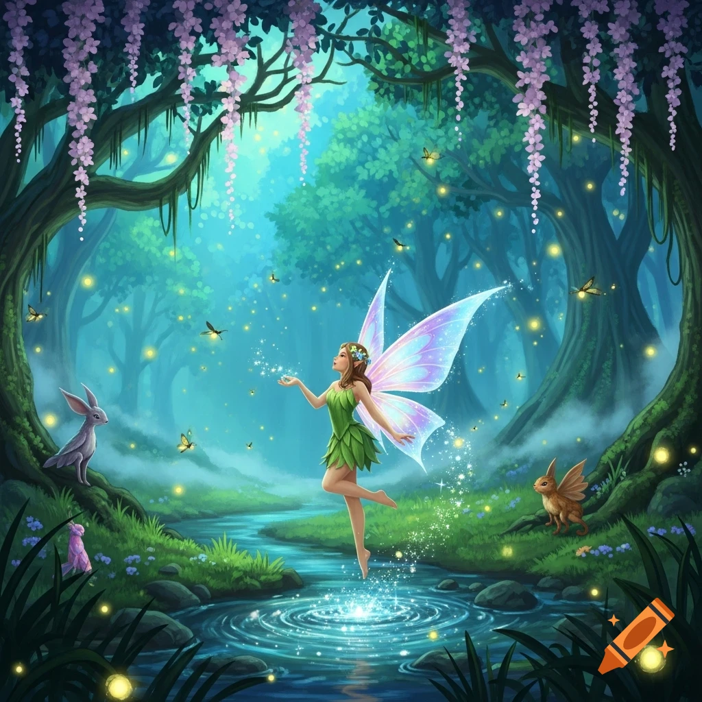 A fairy with iridescent wings floats over a glowing stream in an enchanted forest, surrounded by rabbits and fireflies.