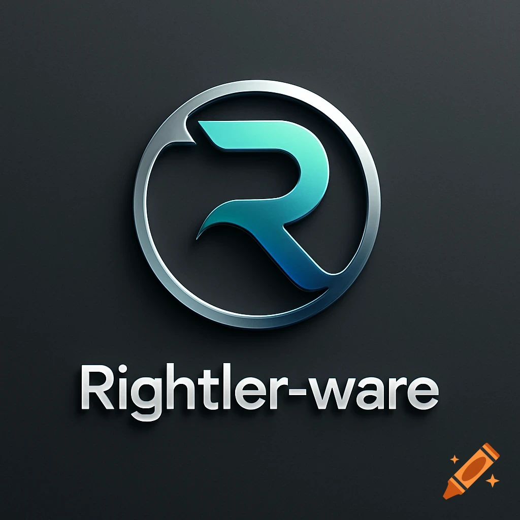 A 3D metallic logo featuring a stylized blue 'R' within a silver circular outline, with the text 'Rightler-ware' below it on a dark gray background.