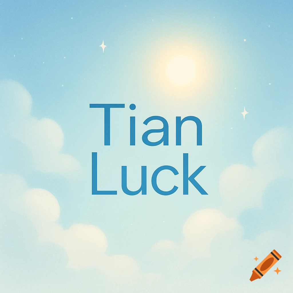 Blue text 'Tian Luck' on a serene sky background with clouds and a glowing sun.